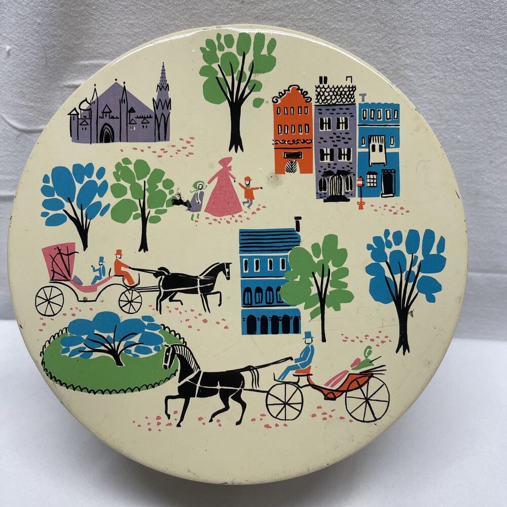 Vintage 1959 BARTON’S Bonbonniere Mid Century Modern Round Candy Tin Colorful EC
